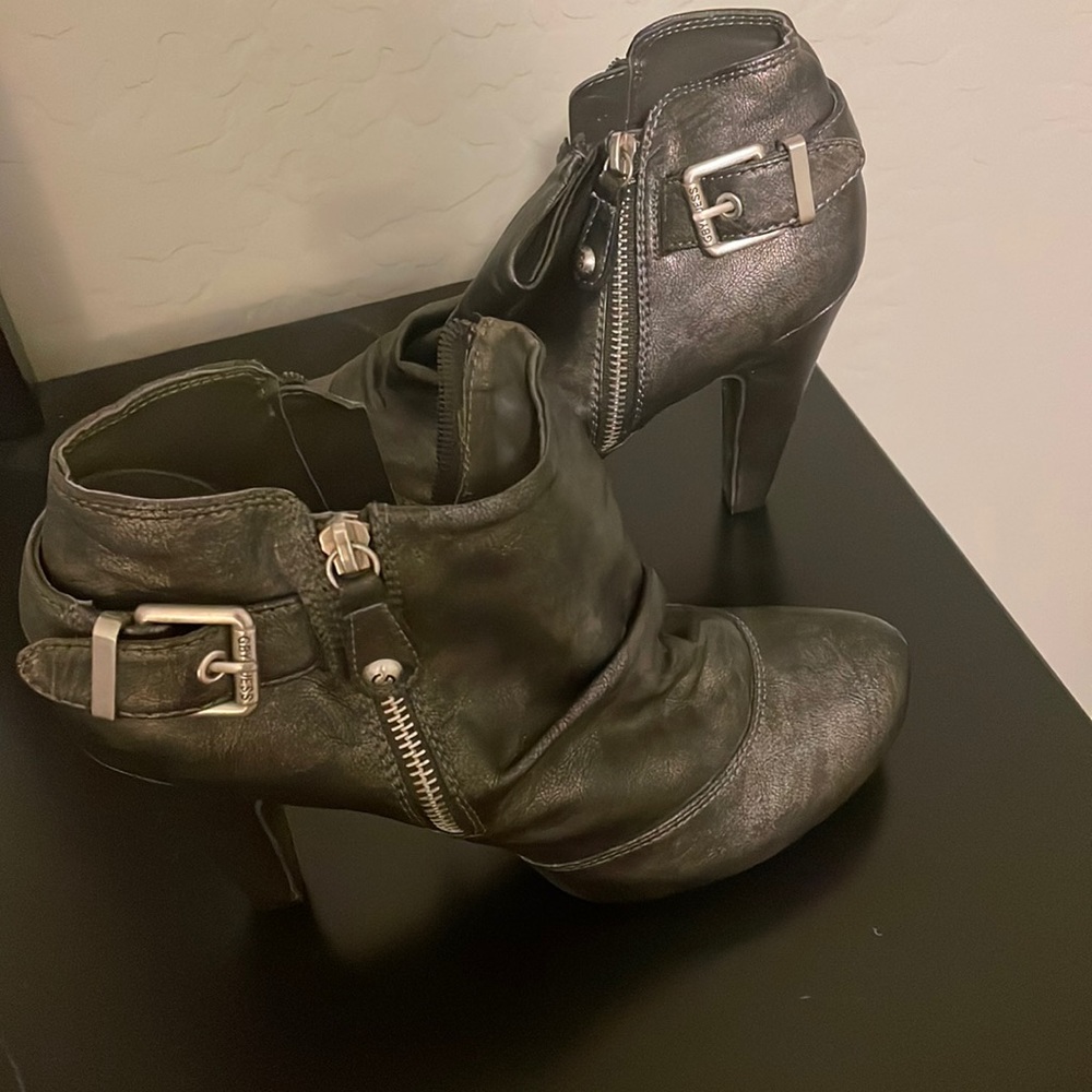 G by Guess Black Leather Heeled Ankle Boots with Silver Buckles